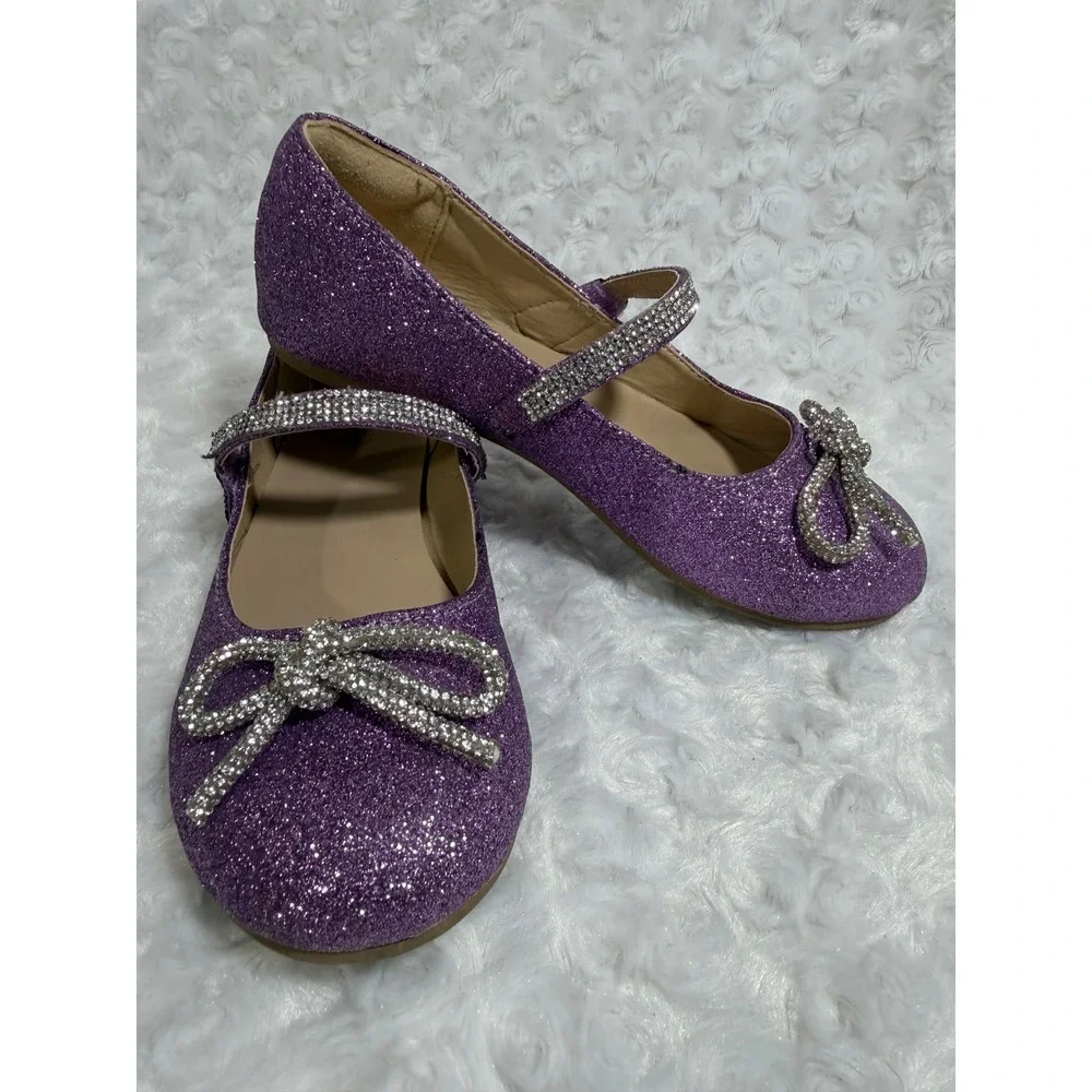Girls Purple Glitter Rhinestone Bow Mary Jane Dress Flat Shoes‎ Size 2